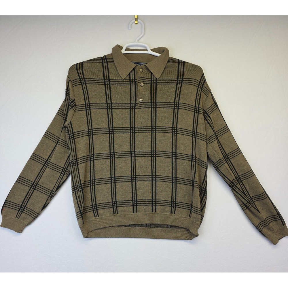 Andrew Fezza‎ Sweater Mens XL Beige Collar Polo Windowpane Plaid Preppy Academia